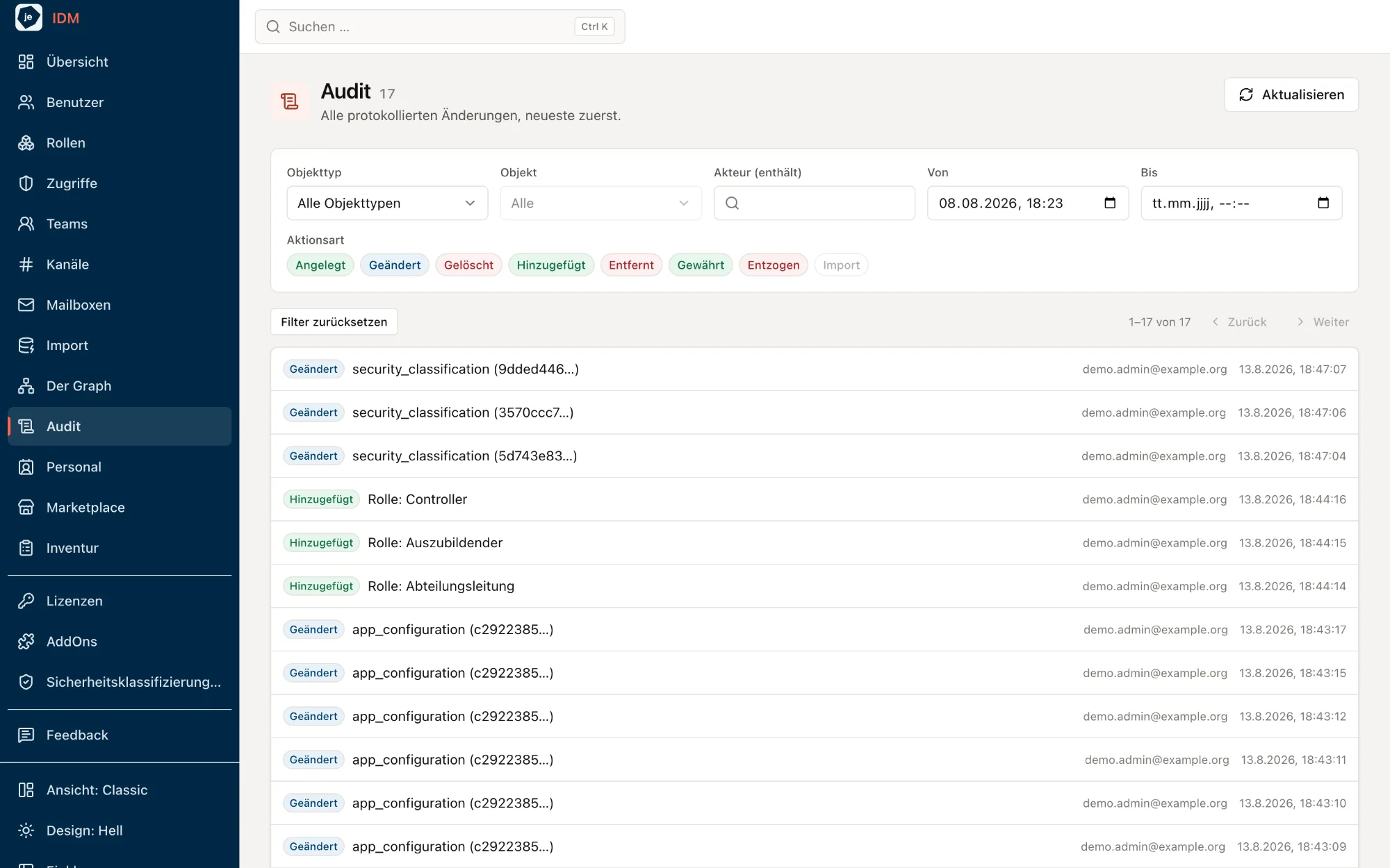 Audit-Ansicht in just IDM: Filter nach Objekttyp, Objekt, Akteur, Zeitraum und Aktionsart, darunter die protokollierten Änderungen mit Akteur und Zeitstempel