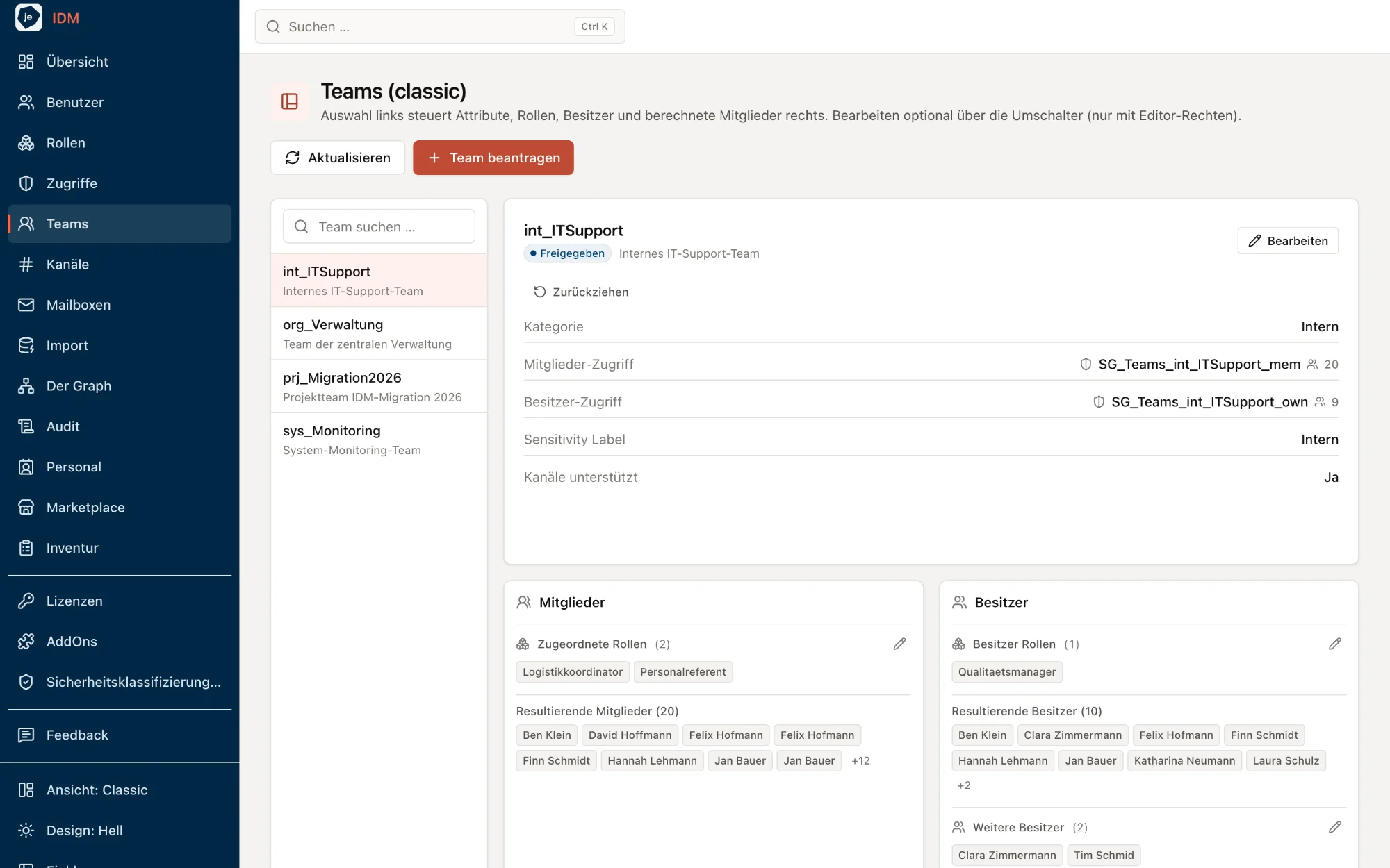 Team-Ansicht in just IDM: Team „int_ITSupport“ mit Kategorie, Mitglieder- und Besitzer-Zugriff, Sensitivity Label sowie den aus Rollen berechneten Mitgliedern und Besitzern